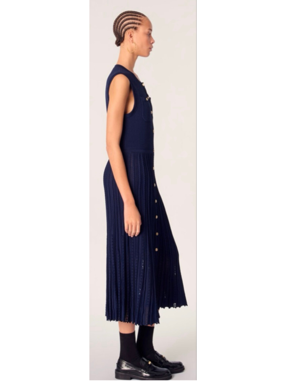 NWOT Maje Navy Pleated Knit Maxi Dress with Gold Buttons, Size 40/L 8-10 - Picture 3 of 5